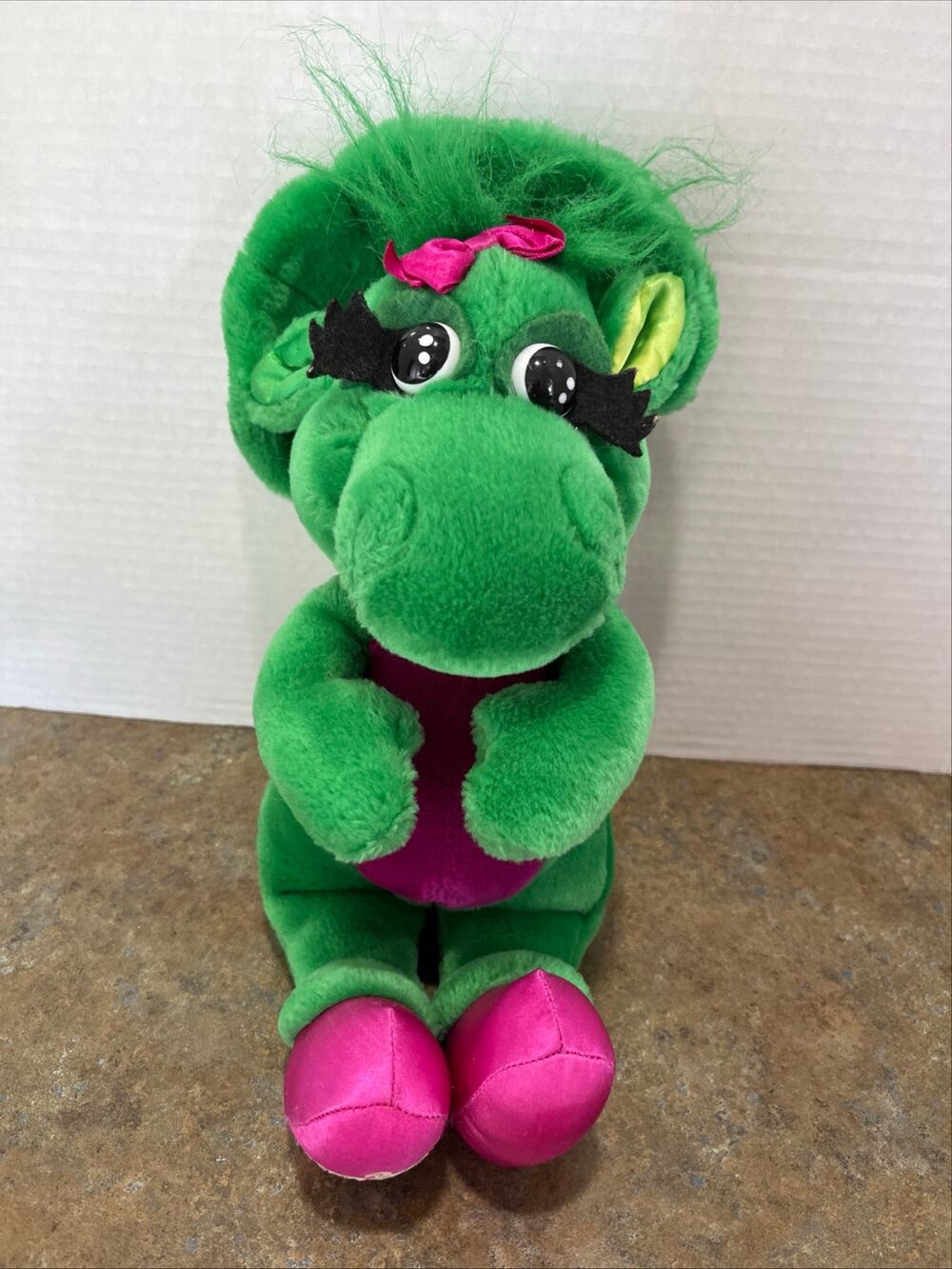 Vintage Barney & Friends Baby Bop plush 1992 14" green dino cartoon stuffy